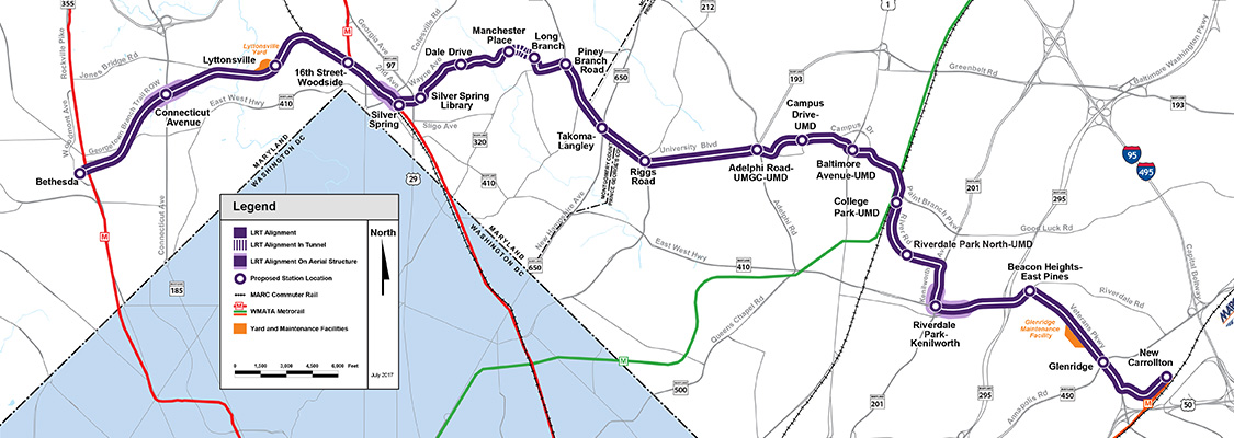 Map of purple line Metro stops from Bethesda to New Carrollton.
